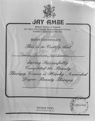 Merit Certificate by Jay Ambe Beauty Parlour & Classes