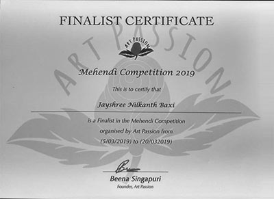 Finalist Certificate by Art Passion Mehndi Competition 2019 - Beena Singapuri