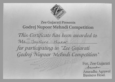 Certificatge of Participation by Godrej Nupoor Mehndi Competition