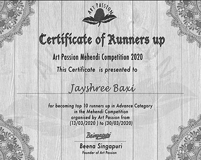 Certiciate of Runners up - By Art Passion Mehndi Competition 2020