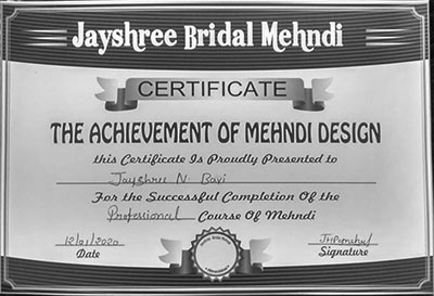 Certificate of Professional Mehndi Course by Jayshri Panchal
